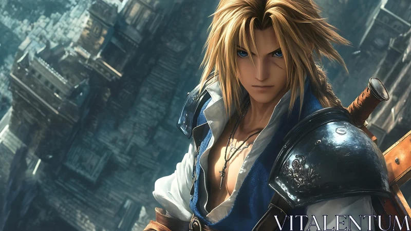 Blond swordsman stands in fantasy city wearing armor