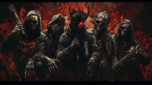 Five skeletal figures stand in red-tinged graphic composition