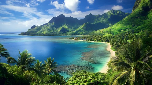 Tropical Coastal Landscape: Lush Mountain Topography with Crystalline Waters.