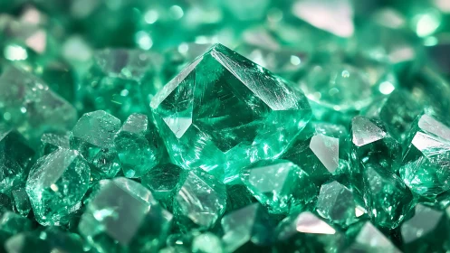 Emerald crystal cluster under vivid green gemstone macro light.