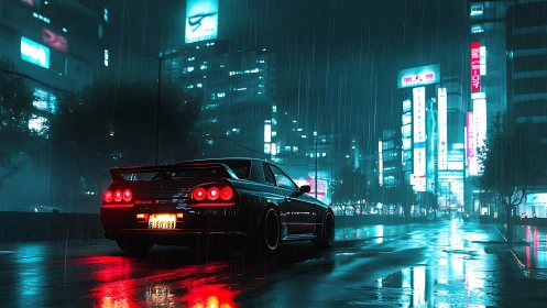 Neon drenched skyline with tuned coupe in reflective rainfall.