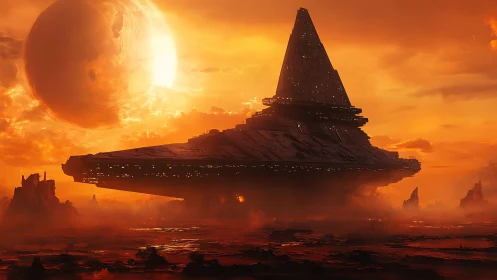 Pyramidal starship over lava plain under burning planet.