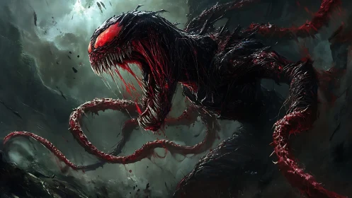 Monstrous red tendril creature roars in stormy darkness.