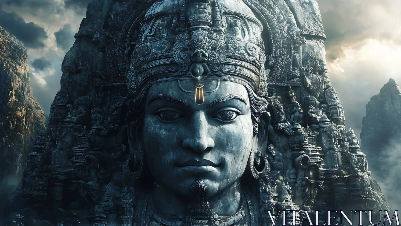 Colossal stone deity face emerges from intricately carved cliff