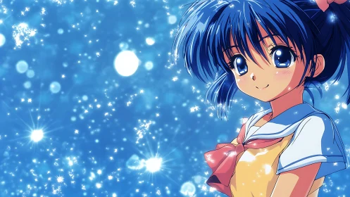 Smiling anime schoolgirl stands before glowing blue bokeh field