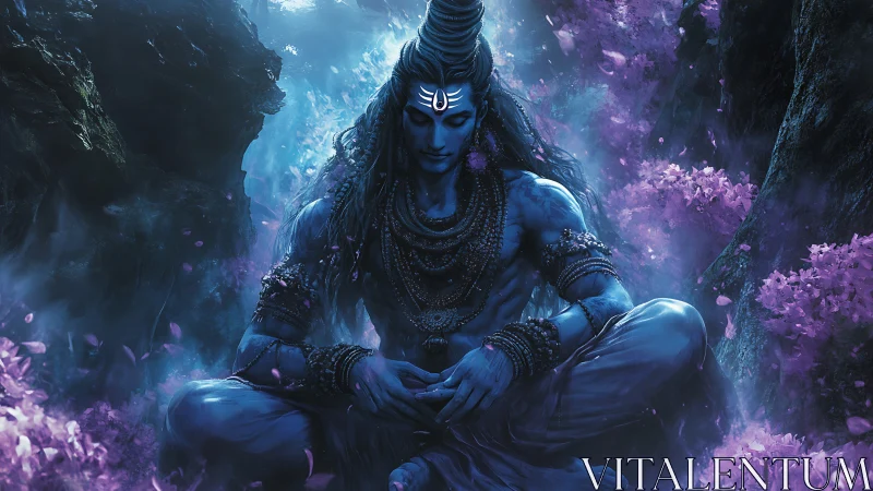 Mythic cyan ascetic in luminescent meditative forest field.