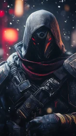 Cyberpunk hooded sentinel with tactical armor design.