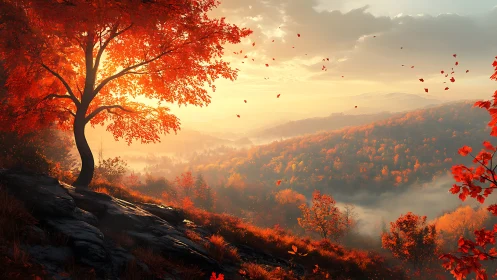 Golden autumn sunrise bathes a peaceful valley in warm light