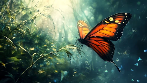 Orange butterfly rests on foliage in softly lit forest