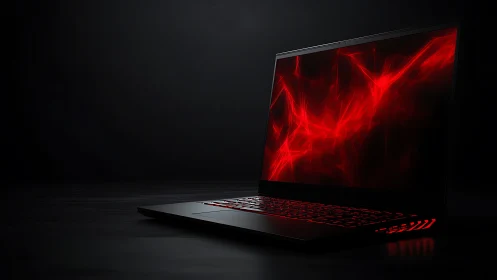 Sleek black laptop with red abstract glowing display.