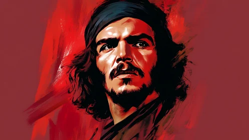 Portrait of intense bearded man on bold red background.