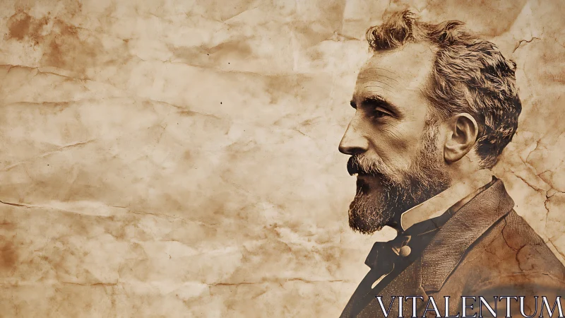 Sepia-toned male profile portrait on textured aged paper