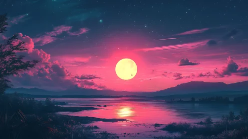 Neon moonrise over calm lake and dreamy twilight hills.