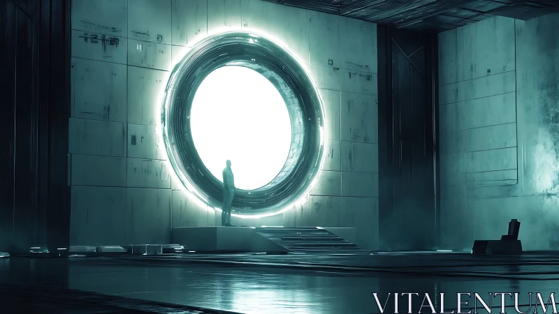 Silhouette stands before illuminated circular portal structure