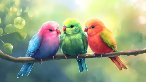 Three Colorful Birds on Branch in Dreamy Digital Art Style.