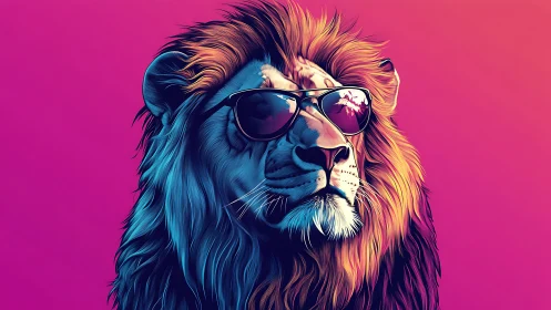 Cool neon lion portrait with sunglasses on gradient background.