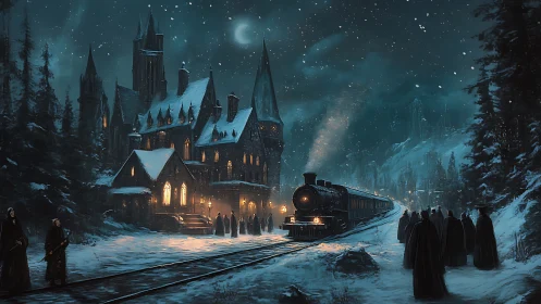 Midnight spellbound railway at a frostbitten gothic academy.