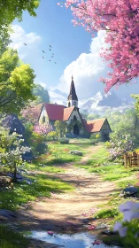 Spring-lit chapel quietly waits where blossom paths wander