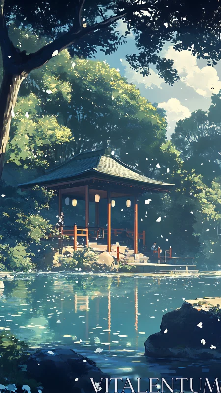 Lakeside Japanese pavilion sits under sunlit forest canopy