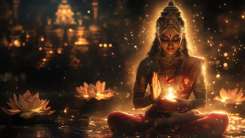 Lotus-lit goddess cradles liquid starlight in twilight calm
