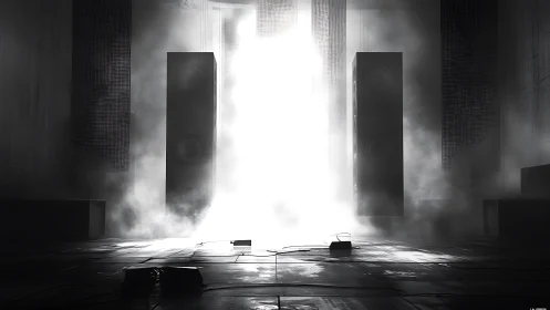 Soft fog rolls through towering speakers in a glowing hall