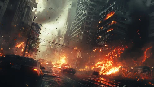 Burning city street with cars fleeing urban skyscraper fires.