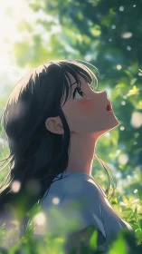 Sunlit daydream with a gentle girl beneath soft green leaves.