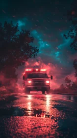 Emergency vehicle on rural road at dusk.