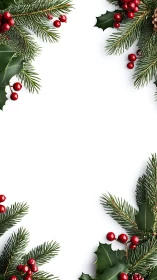 Festive fir and holly border framing bright white space.