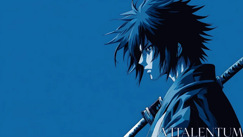 Brooding midnight swordsman against a silent blue horizon.