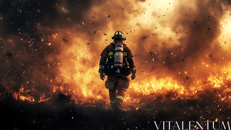 Firefighter Advancing Through Inferno Flames.
