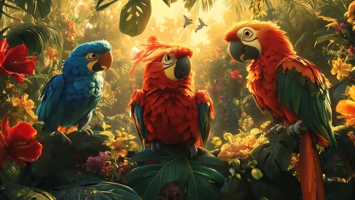 Colorful parrots perched in dense tropical forest habitat.