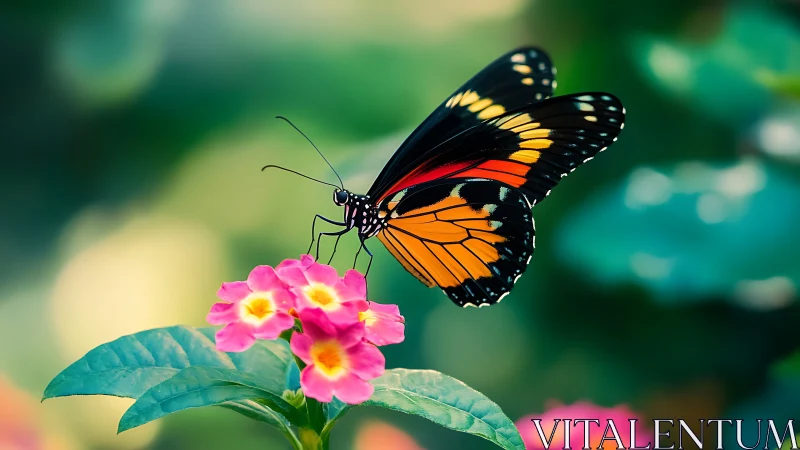 Garden jewel butterfly sipping neon blooms in soft sunlit hush.