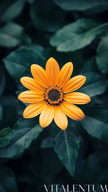 Golden Daisy Bloom Against Teal Foliage. Macro Floral Photography.