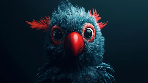 Vivid blue cartoon bird with red beak and feathers, digital art.