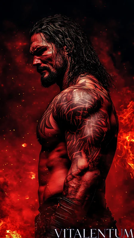 Tattooed warrior in hellfire glow, side profile portrait.