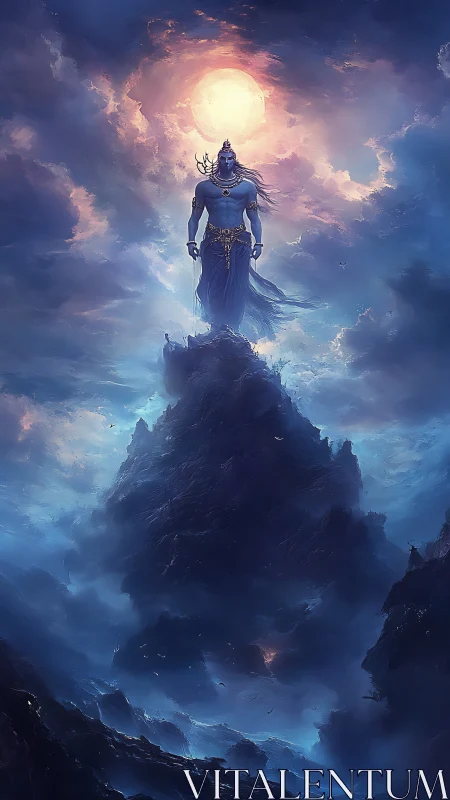 Celestial blue deity strides along stormlit mountain pinnacle.