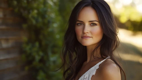 Sunlit portrait of a gentle woman in a serene garden setting.