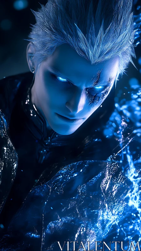 Cerulean cyber warrior with glowing eyes and fractured scarred face.