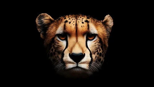 Cheetah portrait glows against deep black negative space.