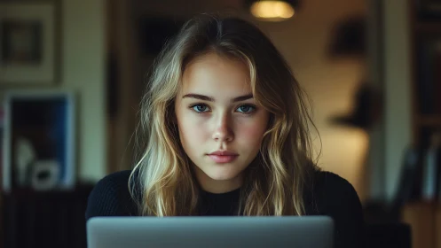 Focused young woman works on laptop in warm home office