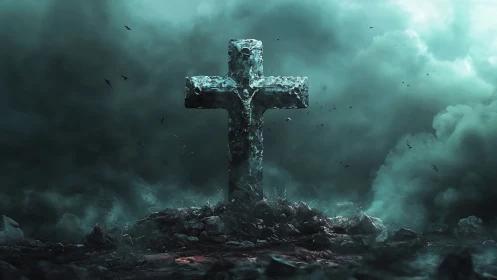 Weathered stone cross stands amid dense teal storm clouds