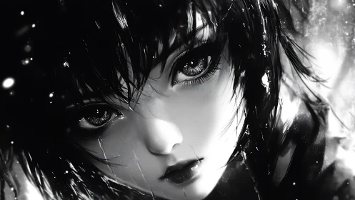 Monochrome close-up of stylized female anime face portrait.