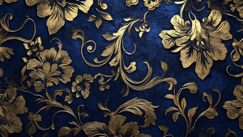 Embossed gold floral relief on deep navy textured ornamental surface