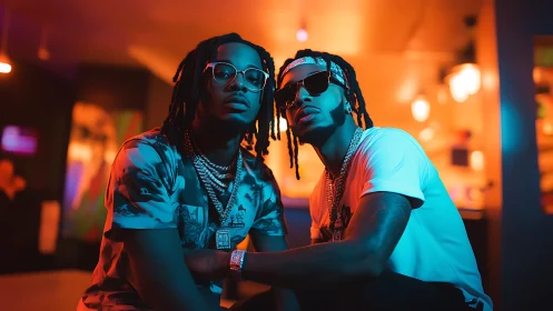 Urban duo in neon bicolor lighting with cinematic depth of field.