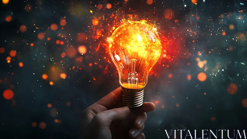Hand holds blazing lightbulb igniting cosmic sparks.
