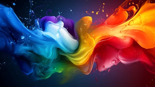Fluid rainbow paint waves with splashes on dark background.