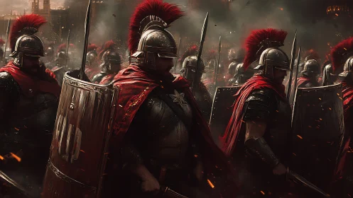 Roman legionaries advance through smoke and fire in formation.