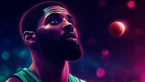 Neon-lit basketball player gazes upward in focused silence.