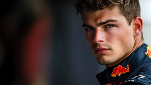 Portrait of motorsport driver in branded race suit.